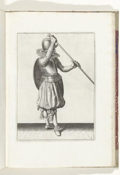 Ćwiczenie z tarczą i kolcem: Żołnierz z kolcem wygiętym w obie ręce z prawą ręką na głowie i tarczą na grzbiecie (nr 3), 1618 Nassausche Wapen-Handelinge, van Schilt, Szpiedzy, Rappier i Tarcza: przedstawiony beyde figuerlick, koniec autorstwa Adam van Breen