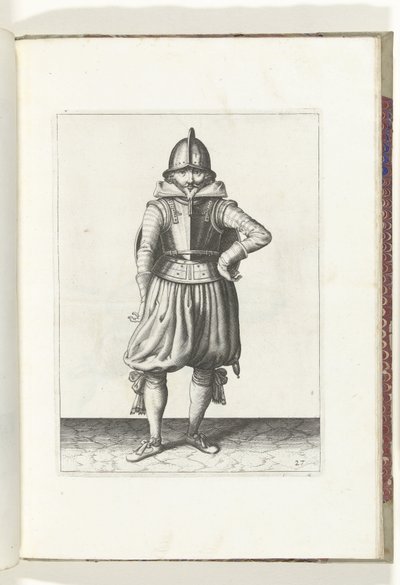 Ćwiczenie z tarczą i kolcem: odpoczywający żołnierz z tarczą na plecach (nr 27), 1618 Nassausche Wapen-Handelinge, van Schilt, Szpiedzy, Rappier i Tarcza: ukazani beyde figuerlick i oprawionych w nowy porządek [z] (...) Maurits v autorstwa Adam van Breen