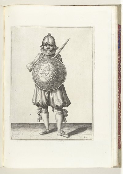 Ćwiczenie z tarczą i kolcem: żołnierz stojący w spoczynku, jego rapier spoczywający na lewym ramieniu za tarczą (nr 23), 1618 Nassausche Wapen-Handelinge, van Schilt, Szpiedzy, Rappier i Tarcza : przedstawione beyde figuerlick, ende obramowane po n autorstwa Adam van Breen