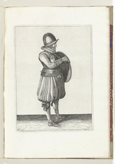 Ćwiczenie z tarczą i kolcem: Żołnierz wyciąga rękę z pasa tarczy (nr 25), 1618 Nassausche Wapen-Handelinge, van Schilt, Szpiedzy, Rappier i Tarcza : przedstawione beyde figuerlick i oprawione w nowy porządek [z] (...) Maurits autorstwa Adam van Breen