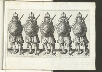 Ćwiczenie Tarcza i Kolce: Pięciu Żołnierzy Stojących Obok Rapieru w Prawej Ręce i Tarczy Z Przodu Klatki Piersiowej (nr 32), 1618 Nassausche Wapen-Handelinge, van Schilt, Spies, Rappier andde Targe : przedstawiony beyde figuerlick autorstwa Adam van Breen