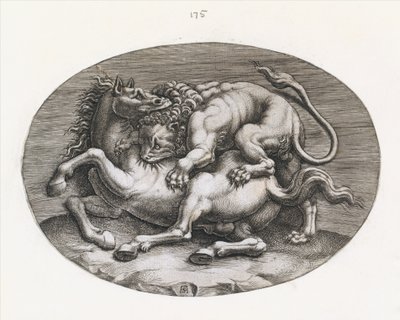 Lustro rzymskiej świetności: Lew atakujący konia, ok. 1540-80. autorstwa Adamo Scultori