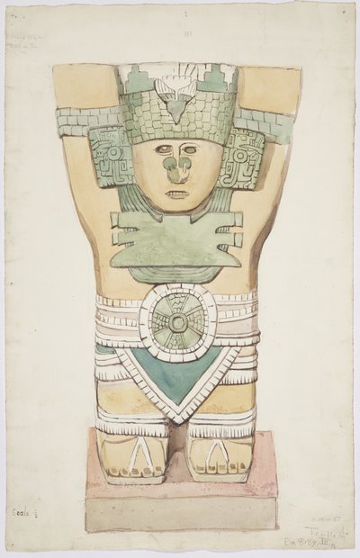 Kariatyda III, komnata zewnętrzna, Górna Świątynia Jaguarów (Świątynia A), Chichen Itza, Meksyk (akwarela) autorstwa Adela Breton