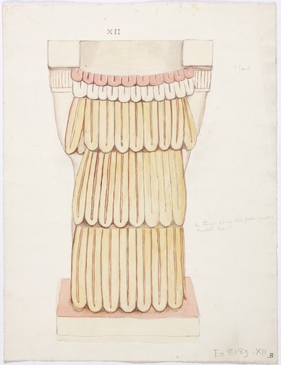 Kariatyda z komnaty zewnętrznej, świątynia A, boisko balowe, Chichen Itza, Meksyk (akwarela) autorstwa Adela Breton