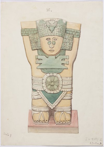 Kariatyda z komnaty zewnętrznej, świątynia A, boisko balowe, Chichen Itza, Meksyk (akwarela) autorstwa Adela Breton