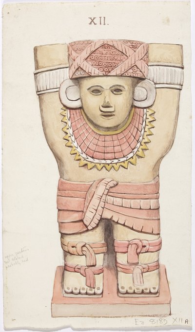 Kariatyda z komnaty zewnętrznej, świątynia A, boisko do piłki nożnej, Chichen Itza, Meksyk (akwarela) autorstwa Adela Breton