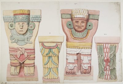 Kariatydy II i XV z komory zewnętrznej, Górna Świątynia Jaguarów, Chichen Itza, Meksyk (akwarela) autorstwa Adela Breton
