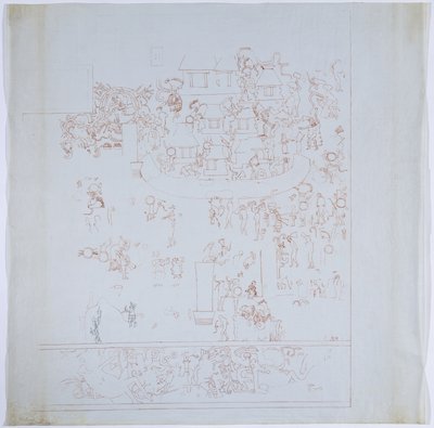 Kopia kompletnego fresku z zachodniej ściany, Górna Świątynia Jaguarów, Chichen Itza, Meksyk Wewnętrzna komora na zachodniej ścianie Narysowany czerwonym atramentem (czerwony i czarny atrament i grafit) autorstwa Adela Breton