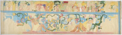 Kopia malowidła ściennego z południowo-zachodniej ściany, Górna Świątynia Jaguarów, Chichen Itza, Meksyk (akwarela i kolor nadwozia) autorstwa Adela Breton