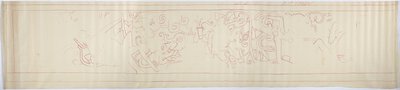 Zarys malarstwa ściennego z zachodniej ściany, Górna Świątynia Jaguarów, Chichen Itza, Meksyk (czerwony tusz i   grafit) autorstwa Adela Breton