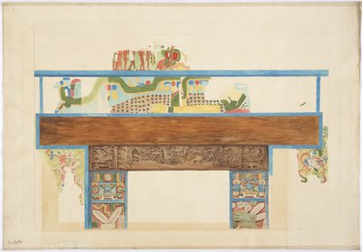 Kopia w skali ćwiartki malowidła ściennego ściana zachodnia, Górna Świątynia Jaguarów, Chichen Itza, Meksyk (akwarela, bodycolor, grafit) autorstwa Adela Breton