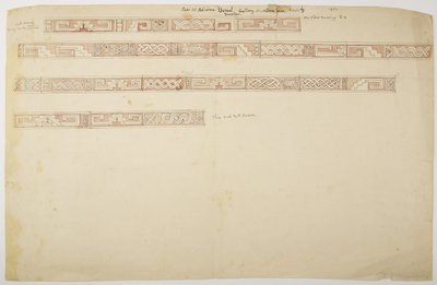 Ruiny/kamienne płaskorzeźby w świątyni w Uxmal w Meksyku przedstawiające fryz (akwarela) autorstwa Adela Breton