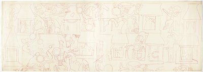 Ściana południowa, Górna Świątynia Jaguarów, Chichen Itza, Dzielnica Północna Meksyku (czerwony tusz i grafit) autorstwa Adela Breton
