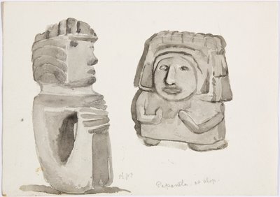 Kamienne figury w Papantla, Meksyk (akwarela) autorstwa Adela Breton