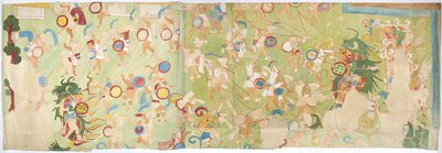Odrysowanie malowidła ściennego z południowo-zachodniej ściany, Górna Świątynia Jaguarów, Chichen Itza Chichen Itza, Meksyk (akwarela, bodycolour, grafit) autorstwa Adela Breton