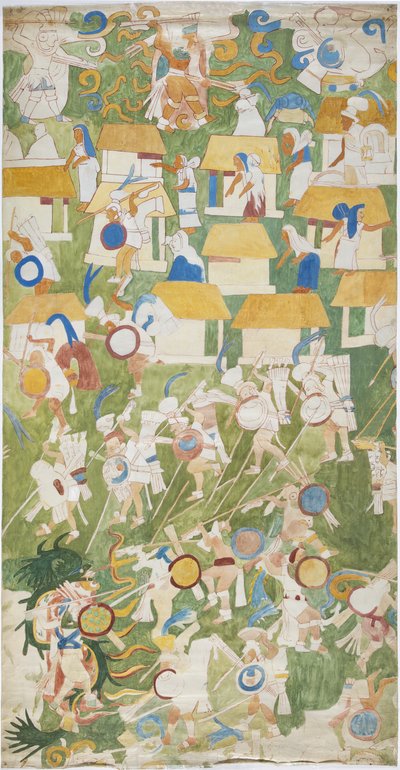 Odrysowanie malowidła ściennego z południowego panelu zachodniej ściany, Górna Świątynia Jaguarów, Chichen Itza, Meksyk (akwarela i grafit) autorstwa Adela Breton