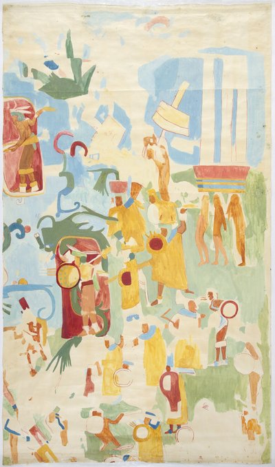 Narysowanie malowidła ściennego Północna ściana komory wewnętrznej, Górna Świątynia Jaguarów (Świątynia Maudsleya AT), Chichen Itza, Meksyk (akwarela i kolor ciała) autorstwa Adela Breton