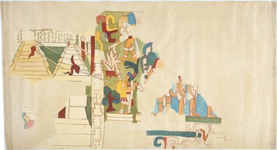 Kalka malarstwa ściennego z Casa de Monjas, Chichen Itza, Meksyk Przedstawia sklepienie w dużej komorze Kalka zamalowana czarnym tuszem i pomalowana akwarelą Obrys w pełnej skali północnej połowy muralu (akwarela, kolor nadwozia, grafit) autorstwa Adela Breton
