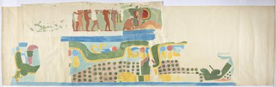 Odrysowanie malowidła ściennego znad drzwi, Górna Świątynia Jaguarów, Chichen Itza, Meksyk (akwarela, bodycolor, grafit) autorstwa Adela Breton