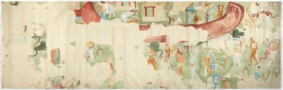 Odrysowanie malowidła ściennego od ściany północno-zachodniej, komora wewnętrzna, górna świątynia Jaguarów, Chichen Itza, Meksyk   (akwarela i farba do ciała) autorstwa Adela Breton