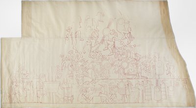 Odrysowanie malowidła ściennego z południowego sklepienia, Górna Świątynia Jaguarów, Chichen Itza, Meksyk    (Czerwony atrament) autorstwa Adela Breton