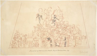 Odrysowanie malowidła ściennego ze sklepienia południowego, komora wewnętrzna, Górna Świątynia Jaguarów, Chichen Itza, Meksyk autorstwa Adela Breton