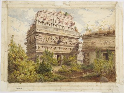 Ruiny Chichen Itza na Jukatanie w Meksyku przedstawiają zachodnią fasadę Iglesia (akwarela) autorstwa Adela Breton