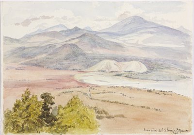 Widok z Cerro del Calvario, Patzcuaxo z jednej strony kartki a z drugiej widok na starożytną fortecę i kamienne kopce, Iguatcho z Cerro del Calvario, Patzcuaro, Michoacan, Meksyk (akwarela) autorstwa Adela Breton