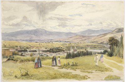 Widok Tlaxcala i Ixtaccihuatl w Meksyku (akwarela) autorstwa Adela Breton
