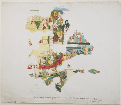 Malowidło ścienne ze skarbca w dużej komorze w Casa de Monjas, Chichen Itza, Jukatan, Meksyk (akwarela) autorstwa Adela Breton