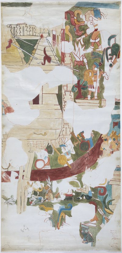 Akwarela na papierze lnianym Narysowanie muralu ze skarbca w dużej komnacie w Casa de Monjas, Chichen Itza, Meksyk (akwarela i kolor nadwozia) autorstwa Adela Breton