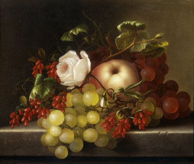 Martwa natura z brzoskwinią, winogronami i owocami dzikiej róży, 1865 autorstwa Adelheid Dietrich
