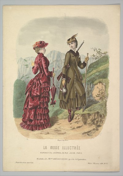 Dama w stroju myśliwskim z damą w stroju spaceru na górskiej ścieżce z La Mode..., 1881. autorstwa Adèle Anaïs Colin