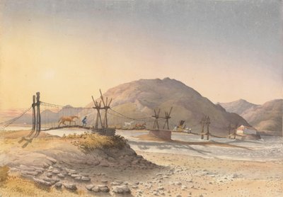 "Most wiszący ze skórzanych rzemieni (ale naprawiony łańcuchem) nad Maypu, pięć lig na południe od Santiago, Chile, 11 stycznia 1851 r. autorstwa Admiral Sir Edward Gennys Fanshawe