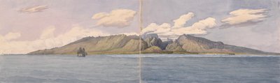 "Tahiti [Wyspy Towarzystwa]. Wąwóz Fautaua - Góra Korony lub Diademu w centrum wyspy i miasto Papeiti, 24 sierpnia 1849 r.". autorstwa Admiral Sir Edward Gennys Fanshawe