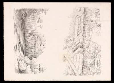 Wioska plemienia Stang, Sarawak, Borneo; i most z żerdzi nad rzeką z albumu Indie Zachodnie, Ameryka Północna i Borneo, ok. 1845 r. (litografia) autorstwa Admiral Sir Edward Gennys Fanshawe