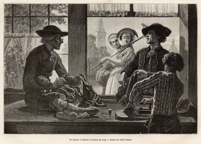 Krawiec i jego uczeń pracujący na krawędzi okna, by cieszyć się światłem i widokiem przechodniów ulicy, w Rilland (South Beveland), grawer według rysunku Adolfa Dillensa, ilustrującego podróż do Zelandii ( Holandia), ja autorstwa Adolf Alexander Dillens