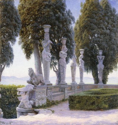 Plac z kariatydami na terenie Willi Farnese, Caprarola; Piazzale delle Cariatidi w parku Palazzo Farnese w Caprarola autorstwa Adolf Heinrich Hansen