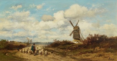 Krajobraz z wiatrakiem i pasterzami autorstwa Adolf Heinrich Lier