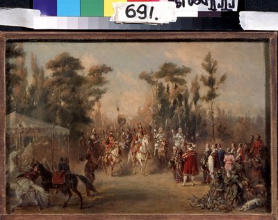 Polowanie carskie w XVI wieku. Dzieło Adolfa Karola Wielkiego (1826-1901). Olej na tekturze autorstwa Adolf Jossifowitsch Charlemagne