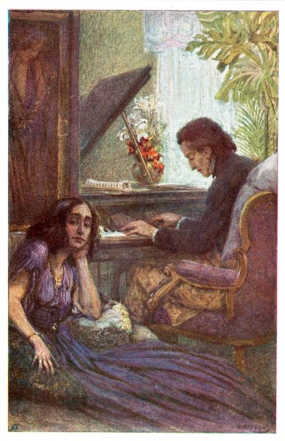 Muzyk i kompozytor Fryderyk Chopin z George Sand Adolfa Karpellusa (litografia kolorowa) autorstwa Adolf Karpellus