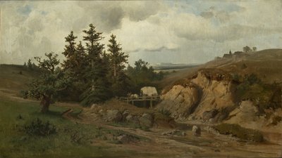 Pejzaż z drewnianym mostem - Pejzaż z drewnianym mostem - Adolf Kosarek (1830-1859). olej na płótnie autorstwa Adolf Kosárek