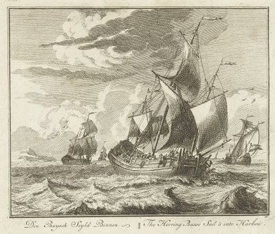 Rurka śledziowa odpływa do domu, ok. 1725 Den Buysch Seyld Binnen / The Herring Busse płynie do Barbou (tytuł na obiekcie) Groote Vissery (tytuł serii) autorstwa Adolf van der Laan