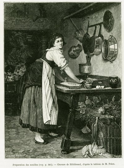Przygotowanie makaronu. Grawer Hildibranda, ilustrujący opowiadanie „Przez Alzację i Lotaryngię”, w 1887 r., autorstwa Charlesa Grada, niemieckiego zastępcy, w tour du monde 1888, w reżyserii Edouarda Chartona (1807-1890), Hachette, Paryż. autorstwa Adolf von Hildebrand