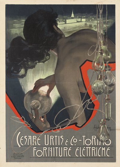 Plakat reklamowy wyprodukowany dla włoskiej firmy oświetleniowej Cesare Urtis & Co. z Turynu, 1889 autorstwa Adolfo Hohenstein