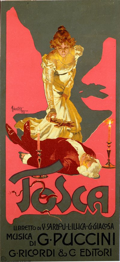 Plakat w stylu Liberty do opery „La Tosca” Giacomo Pucciniego (1858-1924) 1906 wym. 30x13,5 cm Ilustracja autorstwa Adolfo Hohensteina (1854-1928) Kolekcja prywatna Mediolan autorstwa Adolfo Hohenstein