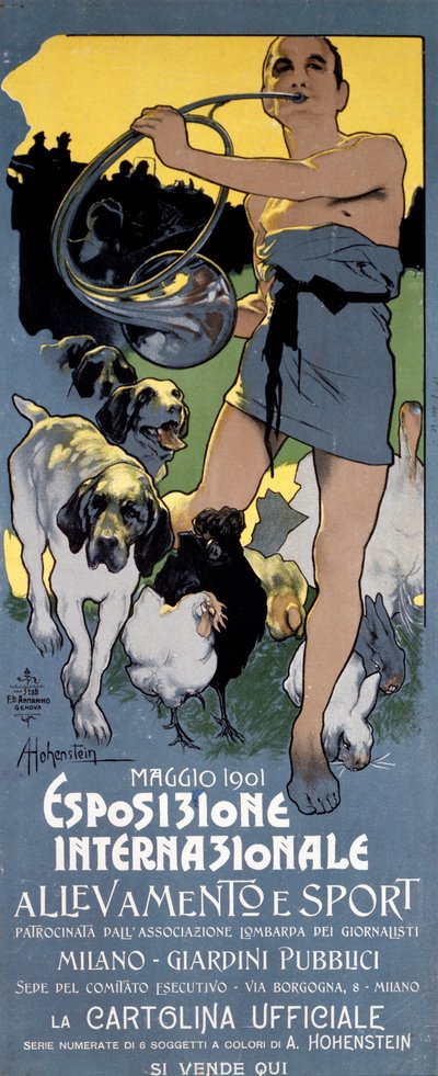 Plakat z Międzynarodowej Wystawy „„Hodowla i Sport” w Mediolanie, ilustracja Adolfo Hohenstein autorstwa Adolfo Hohenstein
