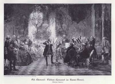 Koncert fletowy w Pałacu Sanssouci, Poczdam, Prusy (rycina) autorstwa Adolph Friedrich Erdmann von (after) Menzel