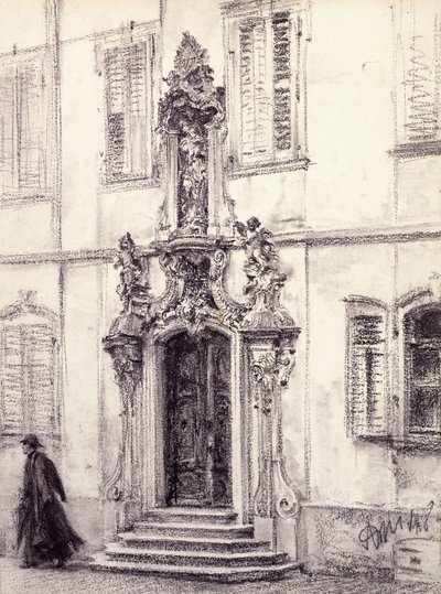 Mężczyzna schodzący po schodach budynku ozdobionego barokowym portalem, 1884 autorstwa Adolph Menzel
