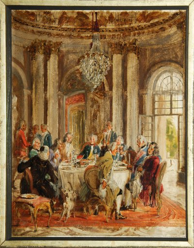 Okrągły Stół Fryderyka II Pruskiego (1712-1786) z Wolterem (Francois-Marie (Francois Marie) Arouet de Voltaire (1694-1778) i Christophem Ludwigiem von Stille (1696-1752) w Pałacu Sanssouci - Szkic Adolpha Friedricha von Menzel (1815-1905), olej autorstwa Adolph Menzel